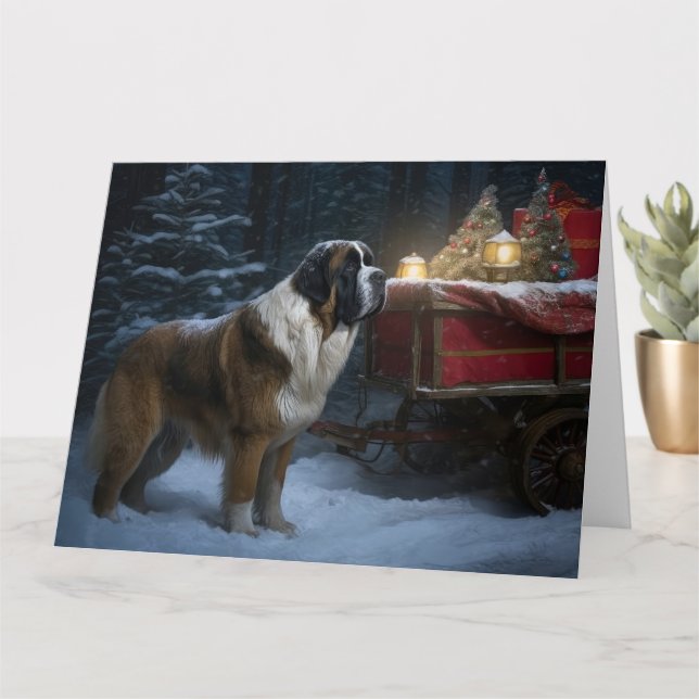 Carte Décor de Noël Saint Bernard Snowy Sleigh (Petite plante)
