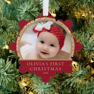 Carte Décorative 1ère photo de Noël du bébé Nom Red Gold