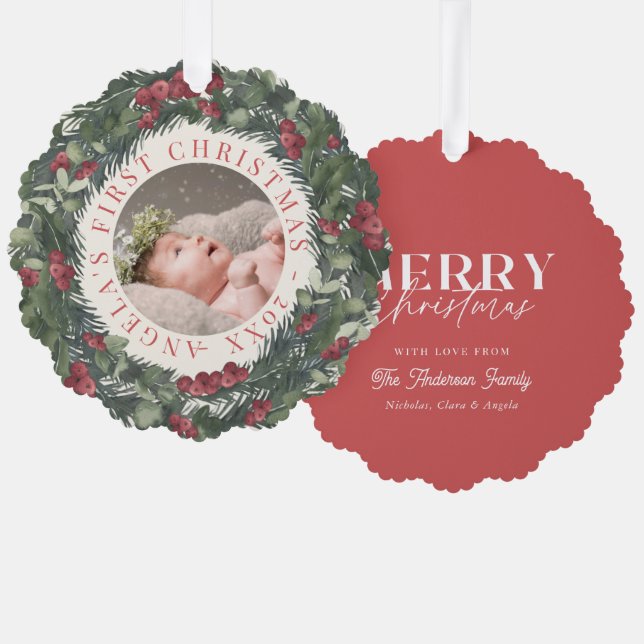Carte Décorative Baby First Christmas Wreath Red Holiday Photo (Recto/Verso)
