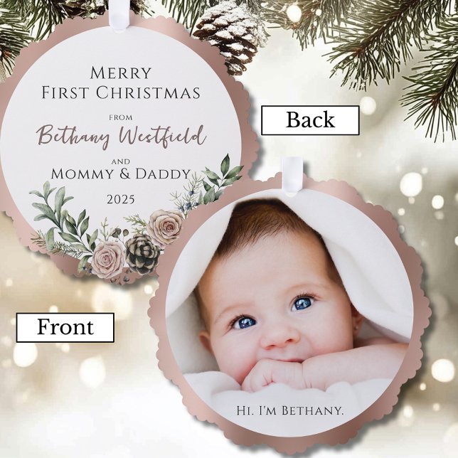 Carte Décorative Baby's First Christmas Rose Gold Photo Keepsake (Baby's First Christmas Rose Gold Photo Keepsake Holiday Ornament Card for Family and Friends)