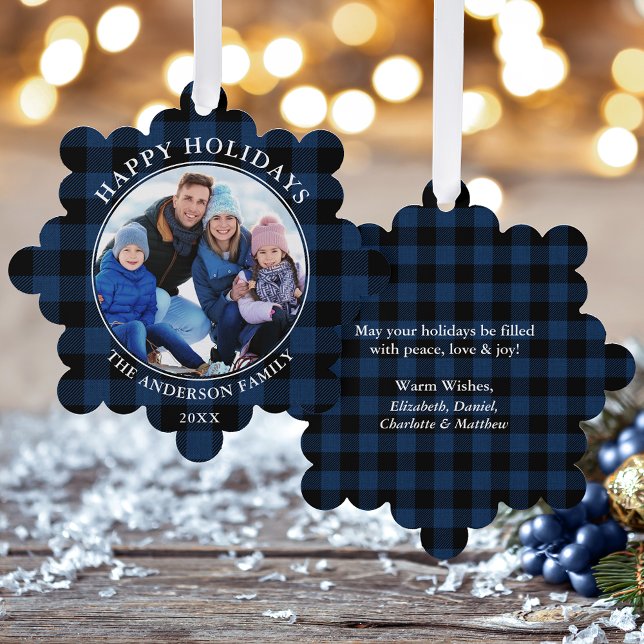 Carte Décorative Bleu Plaid Rustique Joyeux Vacances Photo (A greeting card that is also an ornament! Customize with your photo and personalized text.)