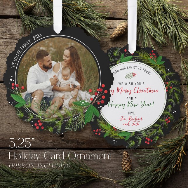 Carte Décorative Elegant Black Christmas Greenery Wreath Photo  (Unique photo holiday card & ornament with ribbon in one! Gray black greenery wreath Merry Christmas)