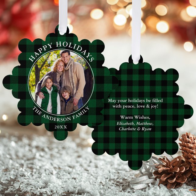Carte Décorative Green Plaid Rustic Happy Holidays Photo (A greeting card that is also an ornament! Customize with your photo and personalized text.)