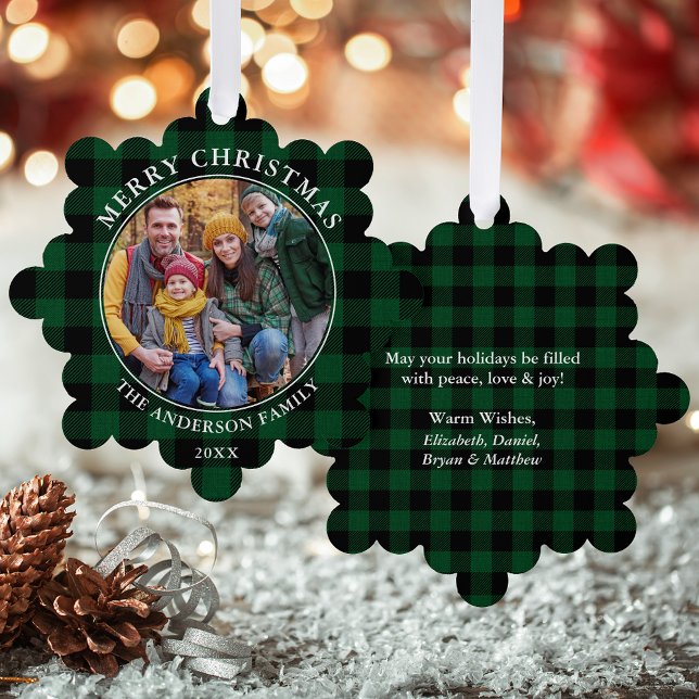 Carte Décorative Green Plaid Rustique Joyeux Noël Photo (A greeting card that is also an ornament! Customize with your photo and personalized text.)