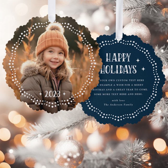 Carte Décorative Happy Holidays police festive point frontière bleu (Happy Holidays festive font dot border dark blue Ornament Card)