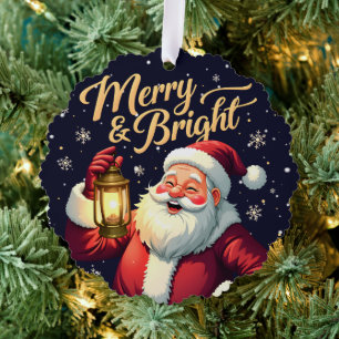 Carte Décorative Illustration de Père Noël joyeux tenant une lanter