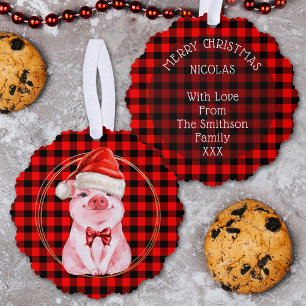 Carte Décorative Joli Cochon De Noël Avec Buffalo Plaid Rouge Drôle