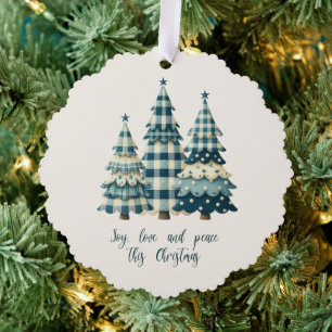 Carte Décorative Joy, Love and Peace Bleu À damiers arbres de Noël