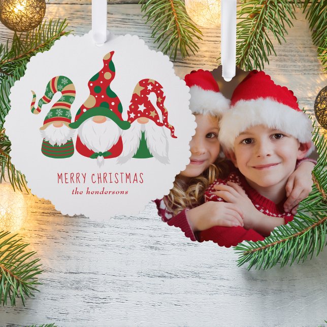 Carte Décorative Joyeux Noël Gnomes mignonnes photo (Share the love and warmth of the holiday season with a photo paper ornament card)