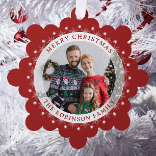 Carte Décorative Joyeux Noël Moderne Elégant Photo Famille Rouge