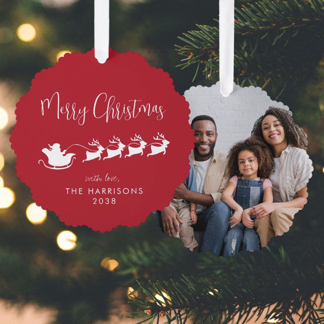 Carte Décorative Joyeux Noël Père Noël Sleigh Photo Rouge (Share the love and warmth of the holiday season with a photo paper ornament card)