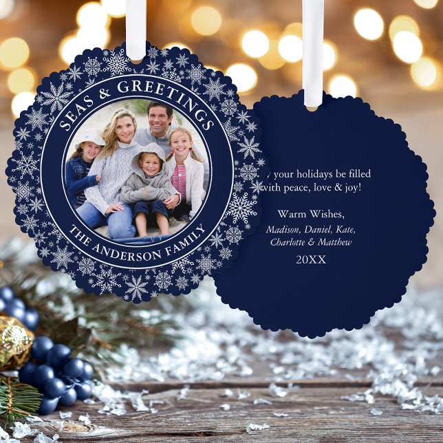 Carte Décorative Mer moderne et salutations Photo Snowflakes Blue (A greeting card that is also an ornament! Customize with your photo and personalized text.)