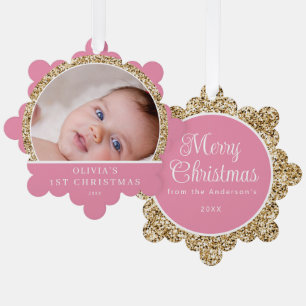 Carte Décorative Nom de la photo de Noël de bébé rose doré Félicita