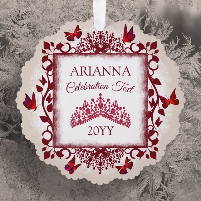 Carte Décorative Personalized Burgundy & Beige Butterflies & Tiara (burgundy red tiara and butterflies christmas tree ornament with personalized message)