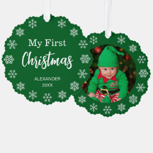 Carte Décorative Photo de bébé Flocons 1er Noël Vert de forêt