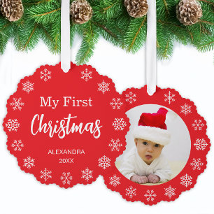 Carte Décorative Photo de bébé Flocons Mon Premier Noël Rouge Blanc