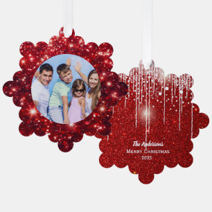 Carte Décorative Photo de famille et nom Parties scintillant rouge