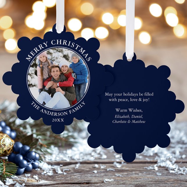 Carte Décorative Photo de Noël Joyeux bleu moderne (A greeting card that is also an ornament! Customize with your photo and personalized text.)