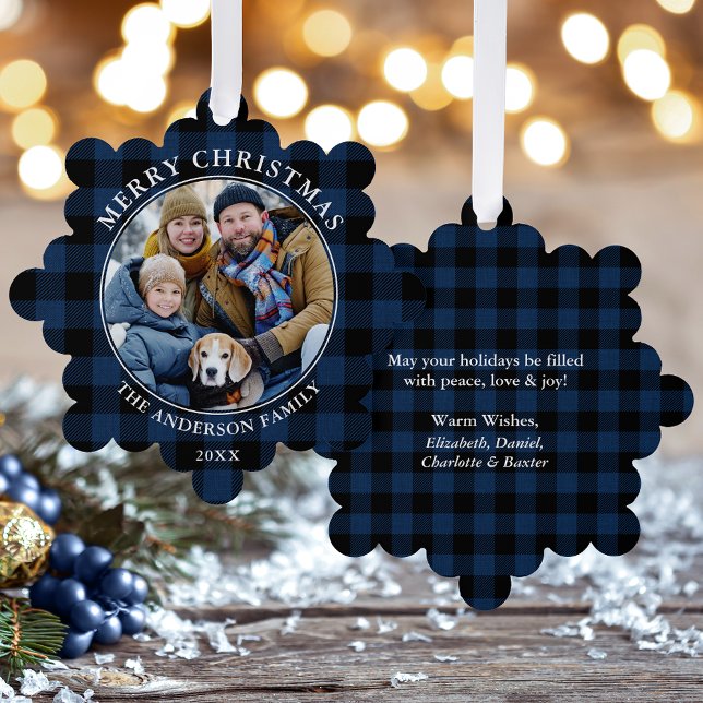 Carte Décorative Photo de Noël Rustique Plaid Bleu (A greeting card that is also an ornament! Customize with your photo and personalized text.)