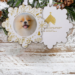 Carte Décorative Première photo de Noël d'or Floral Pet