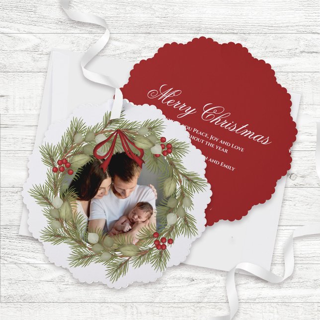 Carte Décorative Red and Green Wreath Merry Christmas Photo (Merry Christmas Red and Green Wreath Custom Photo Ornament Card.)