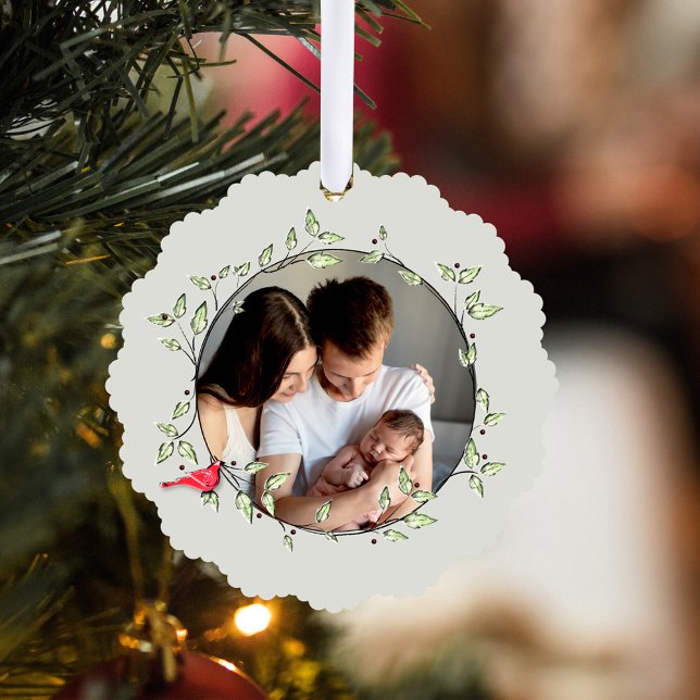 Carte Décorative Red Cardinal Happy Holidays Custom Photo (Red cardinal and green wreath holiday photo ornament card.)