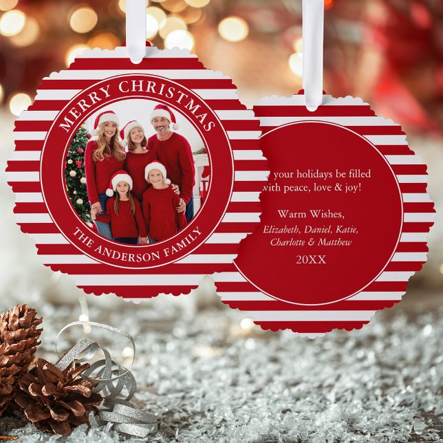 Carte Décorative Red Stripes Joyeux Noël Photo (A greeting card that is also an ornament! Customize with your photo and personalized text.)