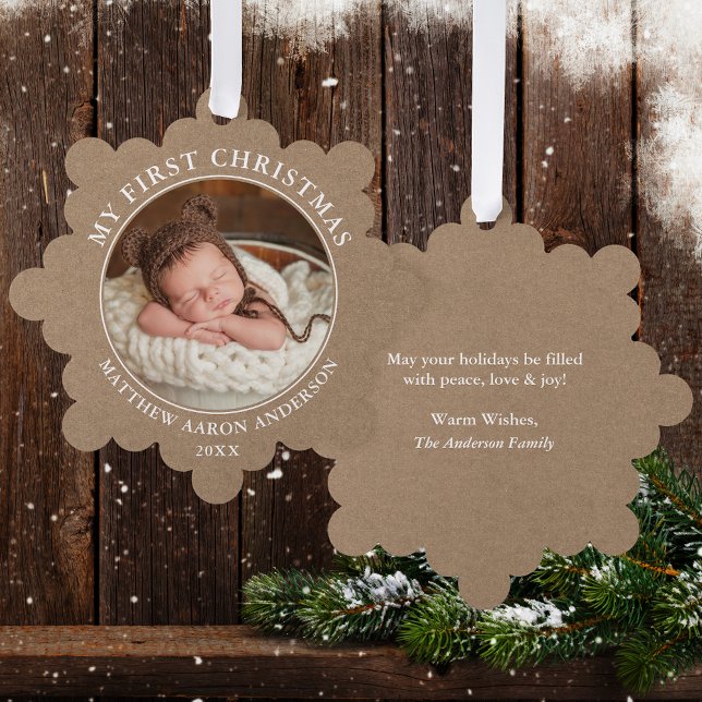 Carte Décorative Rustic Kraft Ma première photo de Noël (A greeting card that is also an ornament! Customize with your photo and personalized text.)