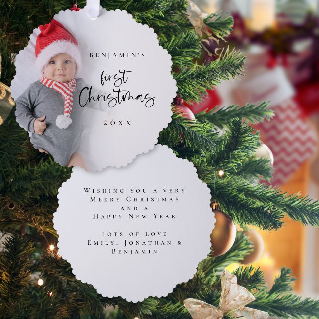 Carte Décorative Script de superposition photo Baby First Christmas (Front and back view)
