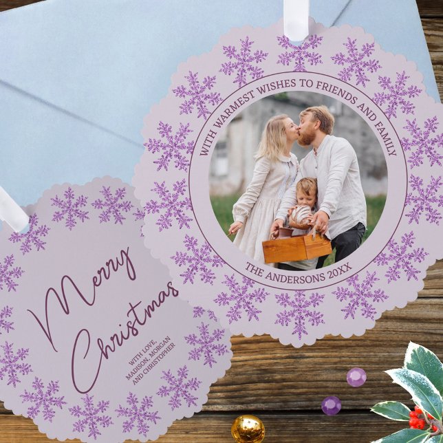Carte Décorative Snowflake Violet Glam Élégante Photo Noël (Add your photo & text to these fun purple snowflake ornament cards for a festive Christmas surprise)