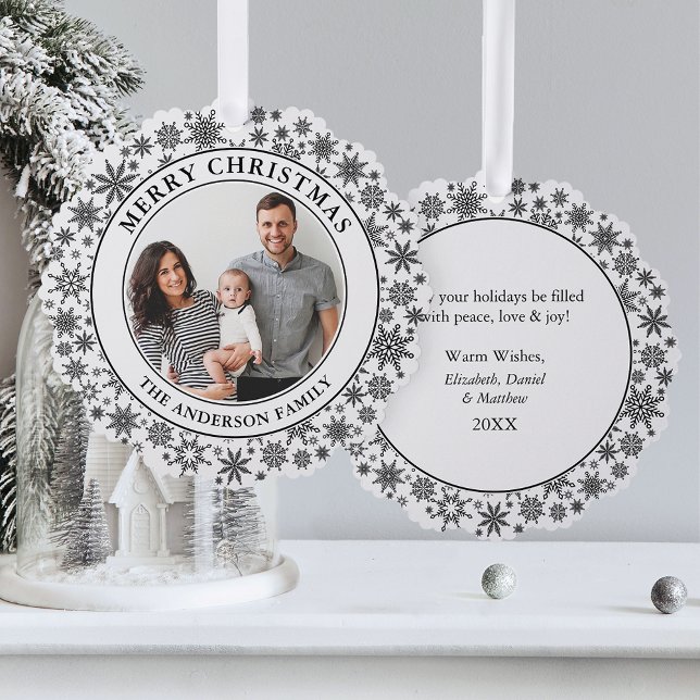 Carte Décorative Snowflakes tendance Noir et blanc Joyeux Noël (A greeting card that is also an ornament! Customize with your photo and personalized text.)