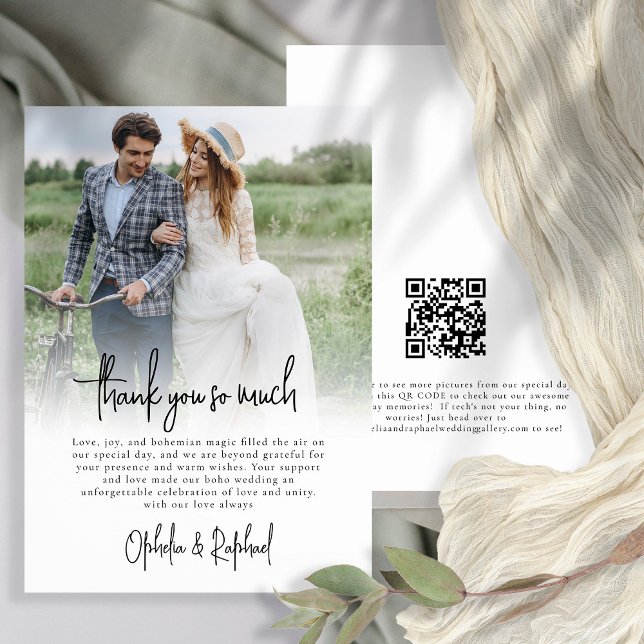 Carte Découpe photo moderne Script Boho Mariage Merci (Front and back view)