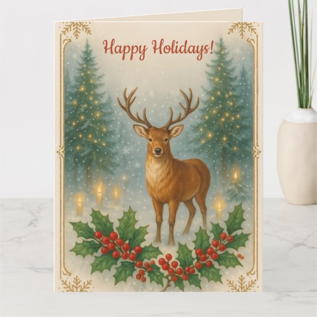 Carte Deer et Holly Happy Holidays (Devant)
