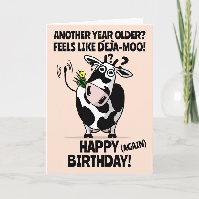 Carte DeJa-Moo ! Joli anniversaire à la vache caricatura (Devant)