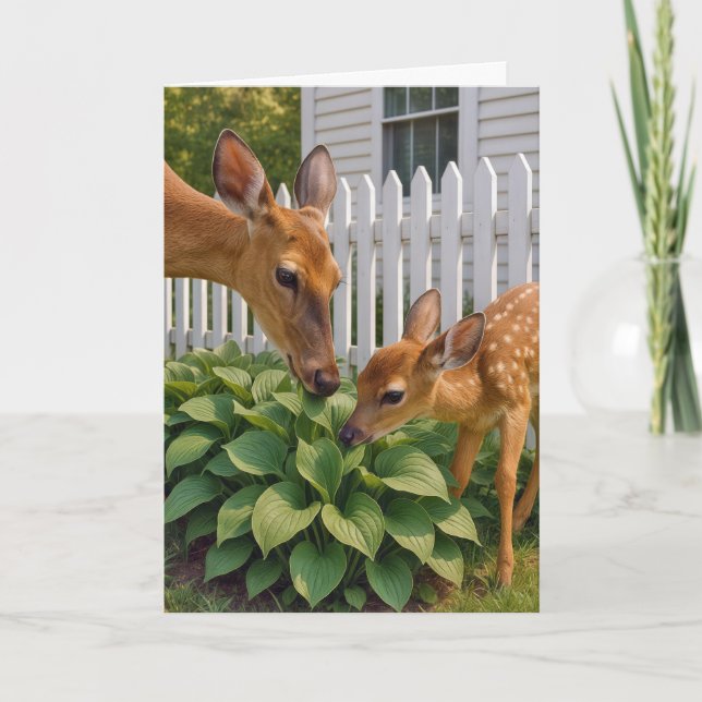 Carte Déjeuner Doe et Fawn manger Hosta (Devant)