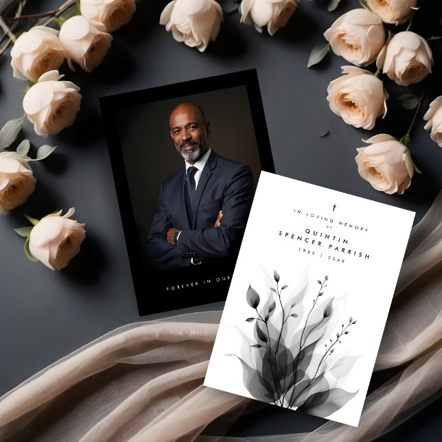 Carte Delicate Black & White Overlapping Leaves & Flower (Delicate Black & White Overlapping Leaves & Flowers Keepsake Memorial Cards with Back Photo.)