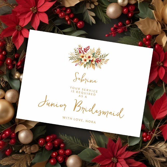 Carte Delicate Glam Gold Christmas Floral Flower Girl (Elegant Junior Bridesmaid Proposal Cards with Delicate Glam Faux Gold Christmas Floral Bouquets. )