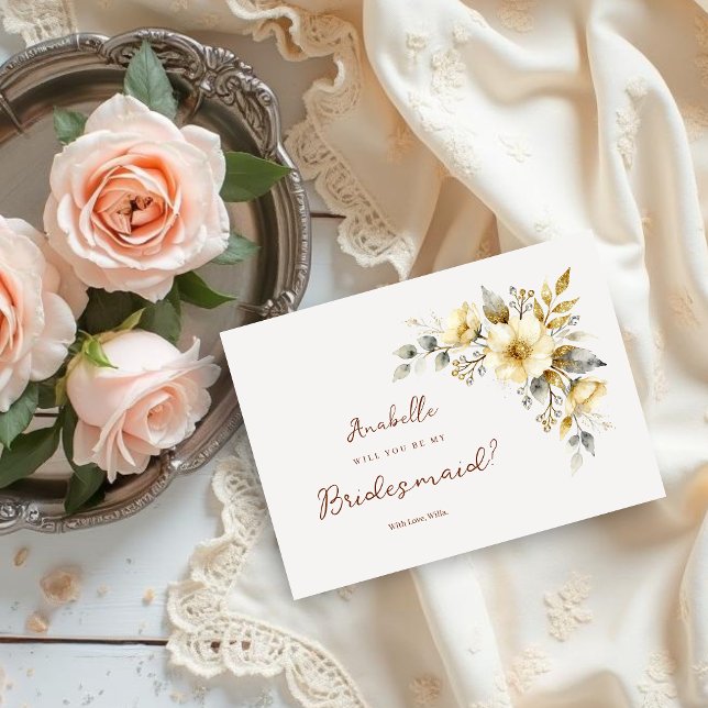 Carte Delicate Ivory Tones Floral Corner Bridesmaid (Delicate Pastel Ivory Tones Floral Corner Bridesmaid Proposal Card Design.)