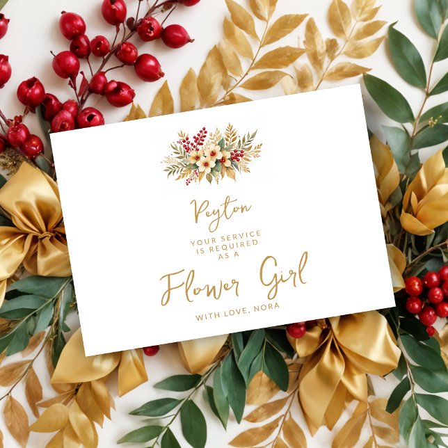 Carte Démarche Glam Noël Floral Fille Fleur Or (Delicate Glam Christmas Floral Bouquet in Faux Gold Flower Girl Wedding Proposals Cards. )