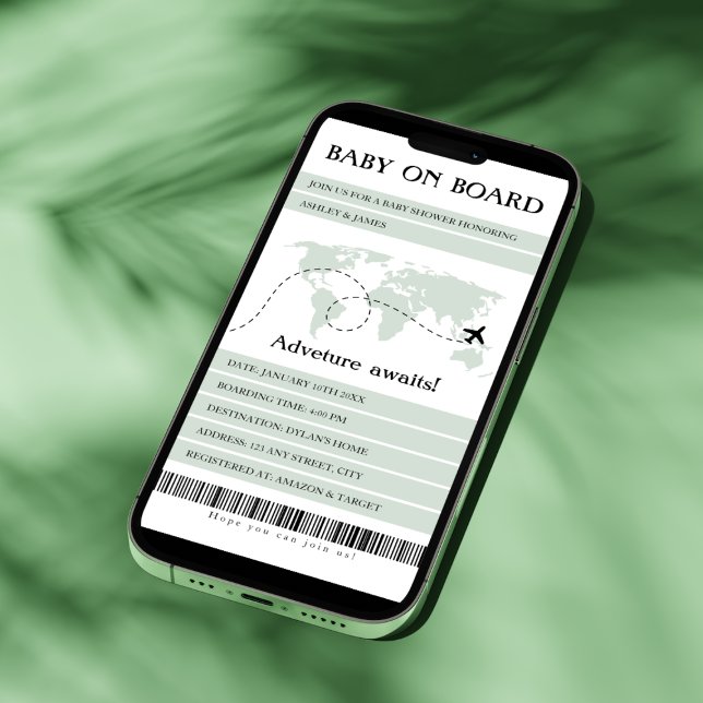 Carte d'embarquement Bébé à bord Baby shower de vo (baby on board travel baby shower invitation electronic boarding pass sage green world map)