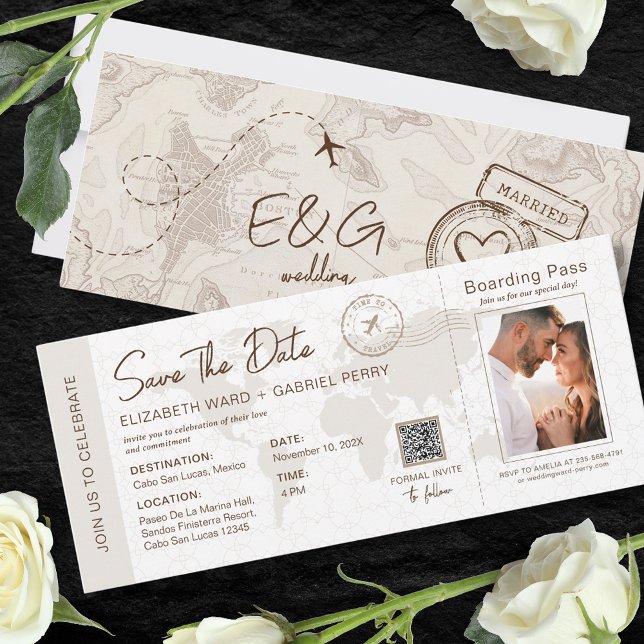 Carte d'embarquement beige Mariage de voyage Code  (Créateur téléchargé)