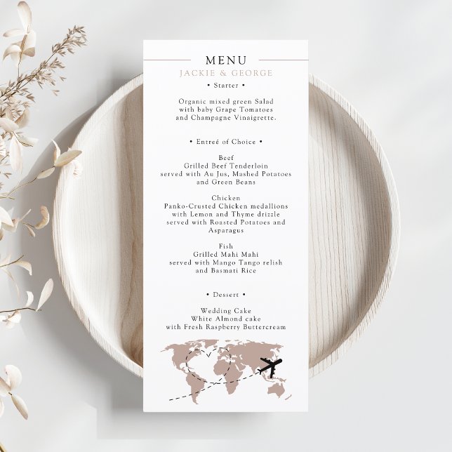 Carte d'embarquement Beige Neutre Destination Mari (World Map Travel Destination Wedding Menu Boarding Pass Passport Beige Neutral Minimalist)