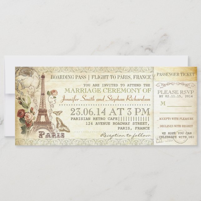 carte d'embarquement billets de mariage pour PARIS (Devant)