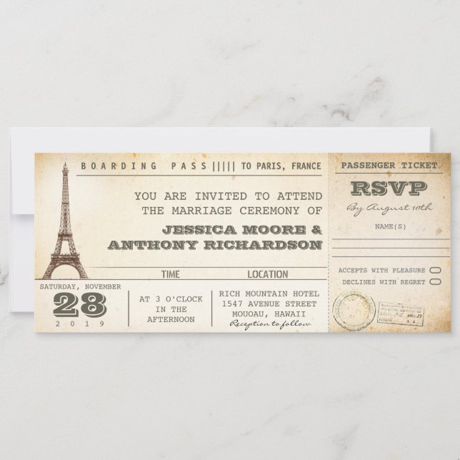 carte d'embarquement Billets mariages- invitations (Devant)