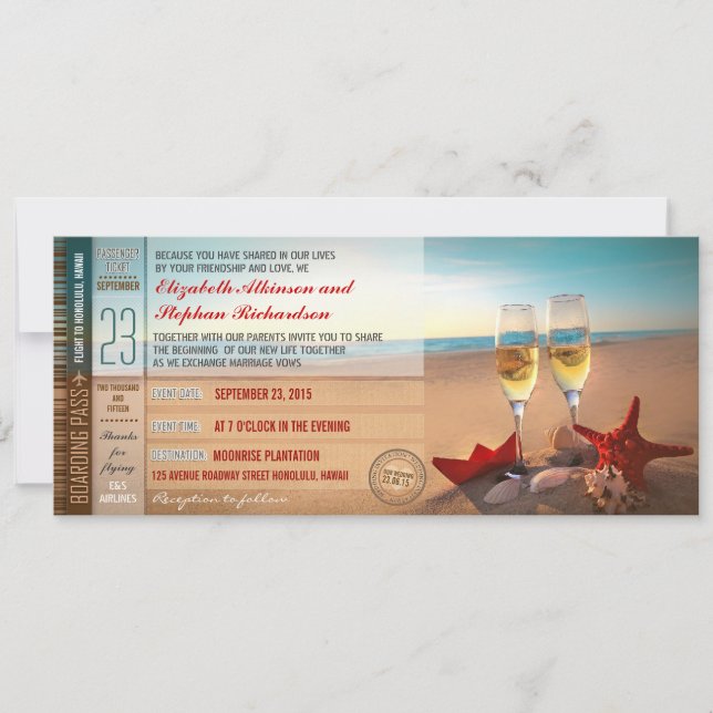 Carte d'embarquement Billets Plage moderne Mariage (Devant)