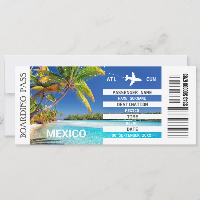 Carte d'embarquement d'avion de la plage de Mexico (Devant)