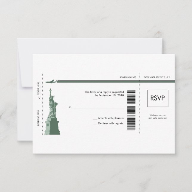 Carte d'embarquement de mariage de New York RSVP (Devant)