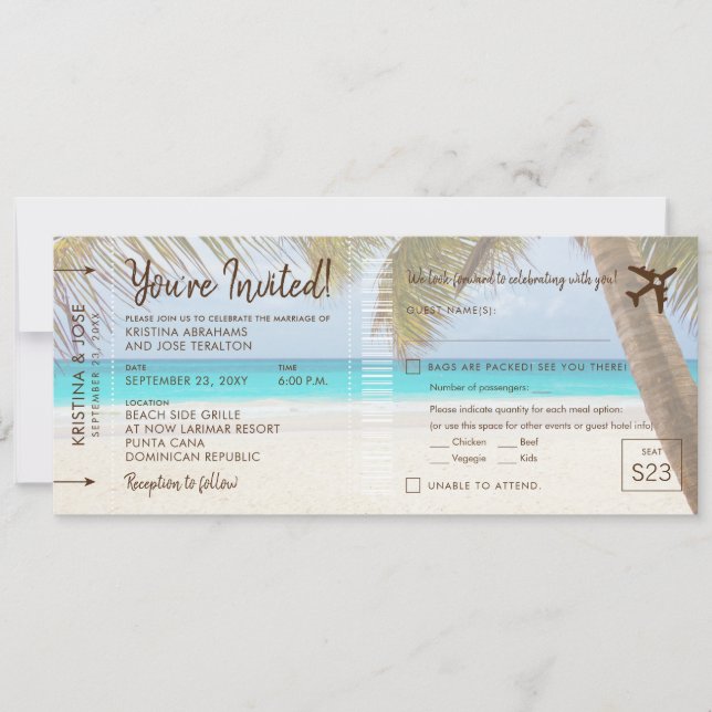 Carte d'embarquement de mariage Plage aux Palmiers (Devant)