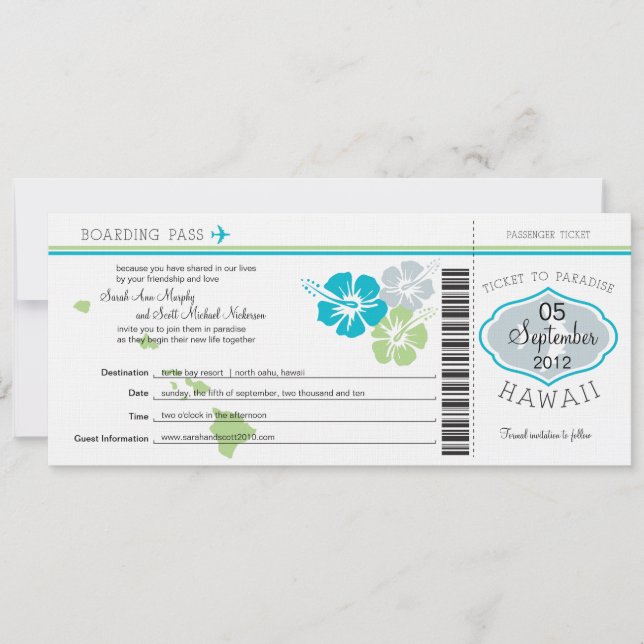 Carte d'embarquement de mariage pour Hawaï (Devant)