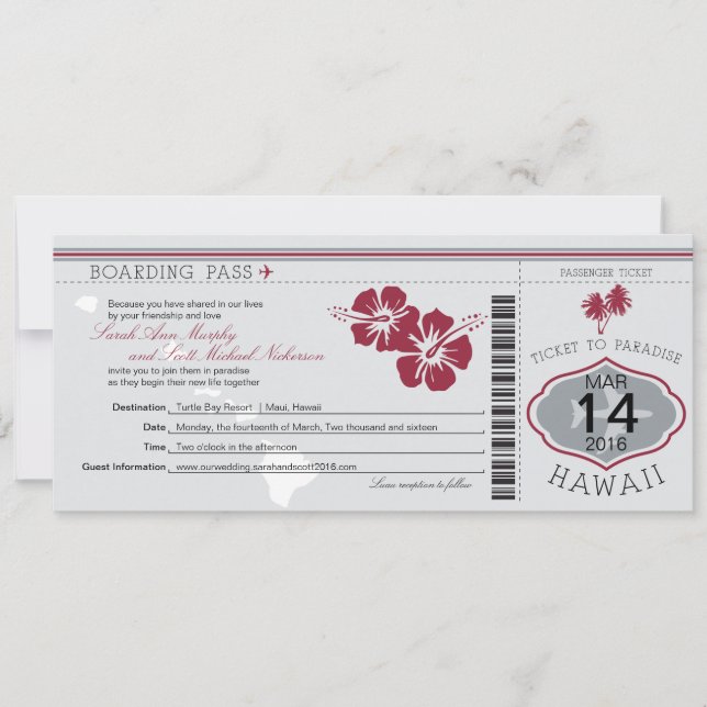 Carte d'embarquement de mariage vers Hawaï (Devant)